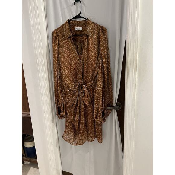 Bailey 44 Brown Orange Malaysia Wrap Flowy Satin Dress W/o Ring Belt Sz L - Picture 2 of 8
